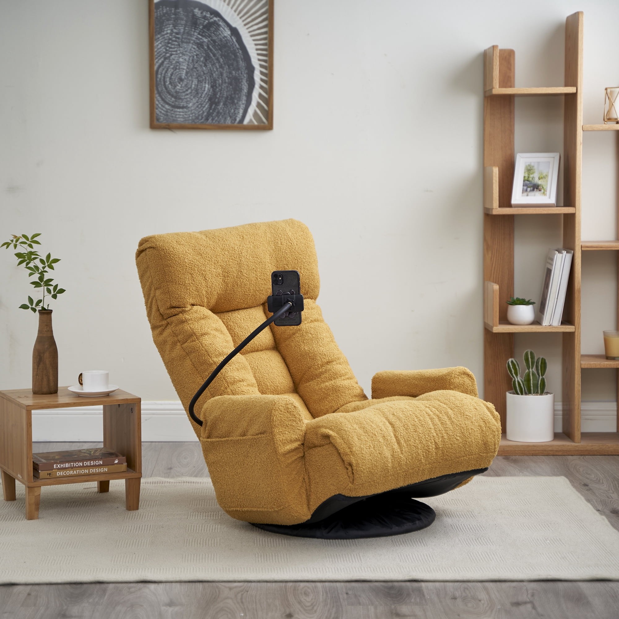 Reclining Chair, Floor Chair, Adjustable Lounge Chair with 5-Position Backrest, Built-in Spring Seat and 360-Degree Swivel Base, Foldable Design, Yellow