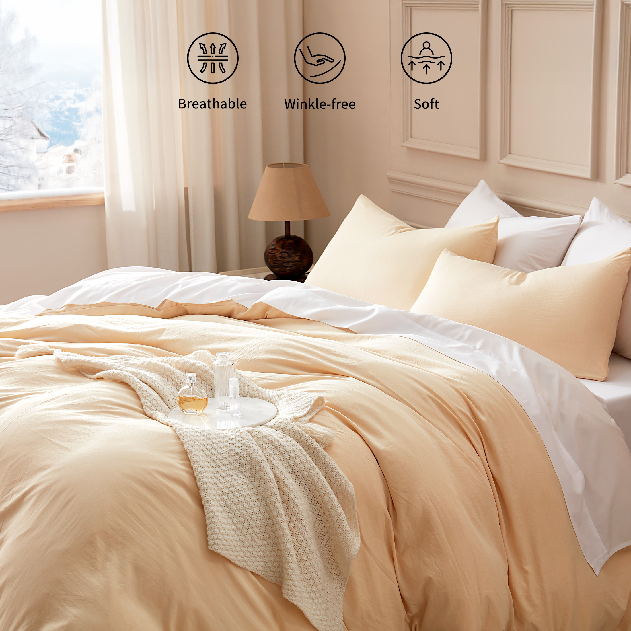 Sonive Washed Duvet Cover Set Full, Linen-Like 3 Pieces Soft Breathable Bedding set, Beige