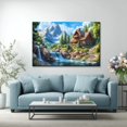 Rustic Stone Waterfall Mountain Chalet Canvas Wall Art, Rustic Stone and Wood House by ...