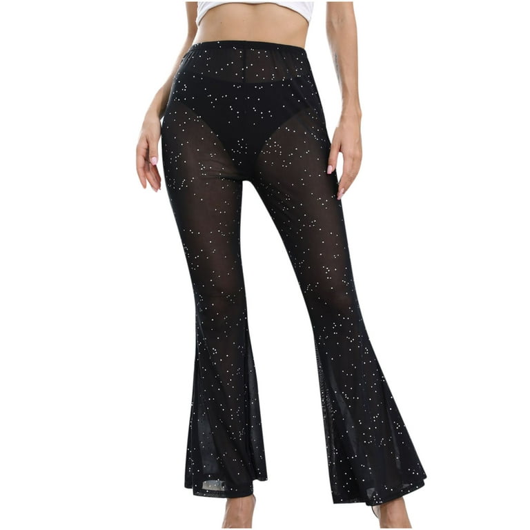 ZZWXWB Long Pants For Women Women'S Casual Ladies Mesh Sheer Solid Color  Elastic Flared Pants Black Xl