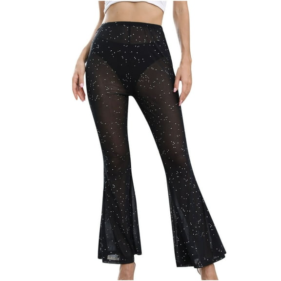 Fesfesfes Women Pant Casual Ladies Sexy Mesh Sheer Solid Color Elastic Flared Pants Under $10