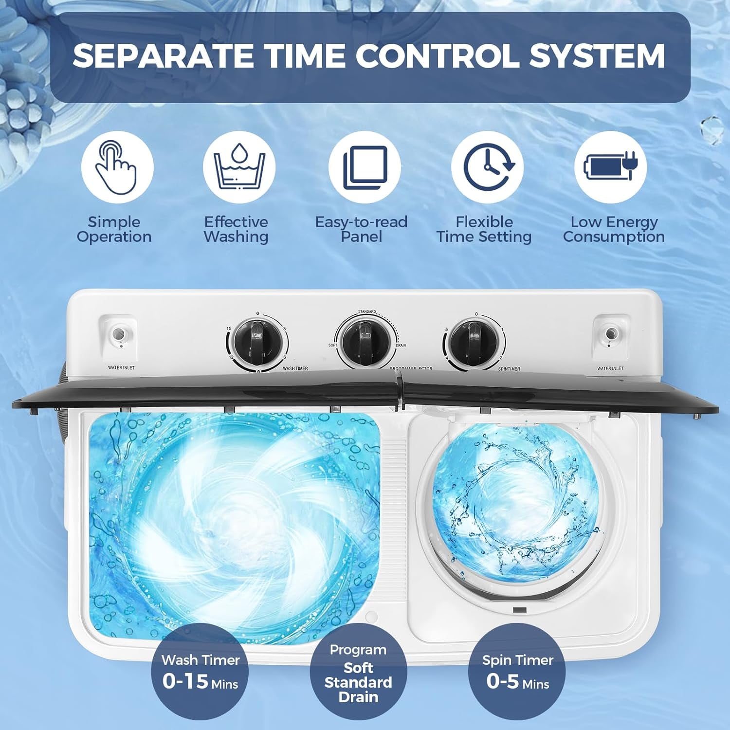 Adnoom Portable Washer 30lbs, 2-in-1 Twin Tub Washer & Dryer Combo Compact Semi-Automatic Washing Machine with Drain Pump, Black