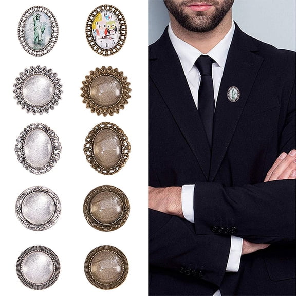 DIY 10PCS Groom Picture Lapel Pins Wedding Boutonniere Funeral Rial Pin Brooch Photo Charms Kit Include Oval Round Pendant Trays & Clear Glass