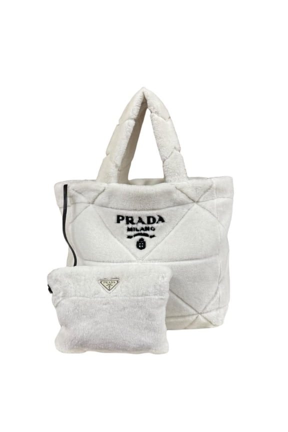 Pre-Owned Prada Quilted Shearling Tote Bag, Handbag, Mouton, 1BG427 White, Women's PRADA