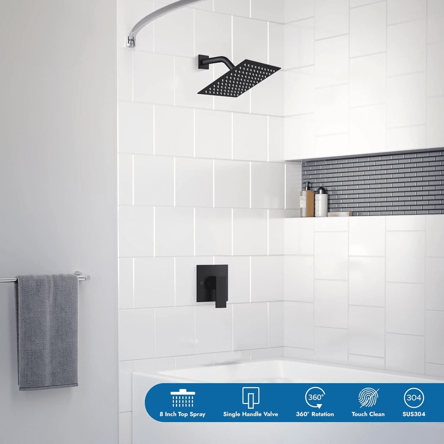 Shower Faucet Set Black Rain Shower Head Combo with Mixer Valve Kit Wall Mounted