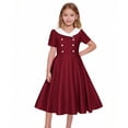 thumbnail image 4 of Vornjynx Kids Girls Dresses Button-Up Collar Short Sleeve A-Line Flare Party Princess Dress Wine Size 6, 4 of 7