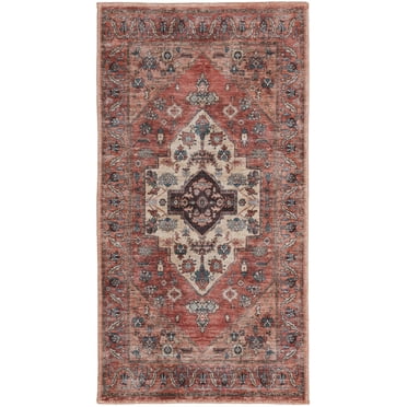2' X 4' Beige and Red Medallion Power Loom Distressed Washable Non Skid Area Rug