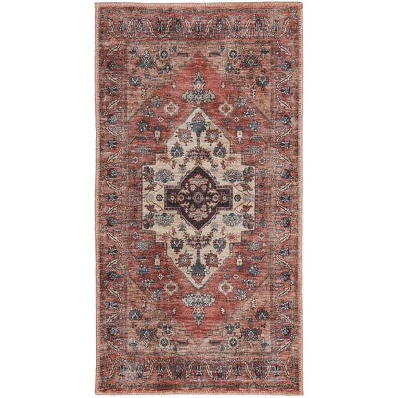 2' X 4' Beige and Red Medallion Power Loom Distressed Washable Non Skid Area Rug