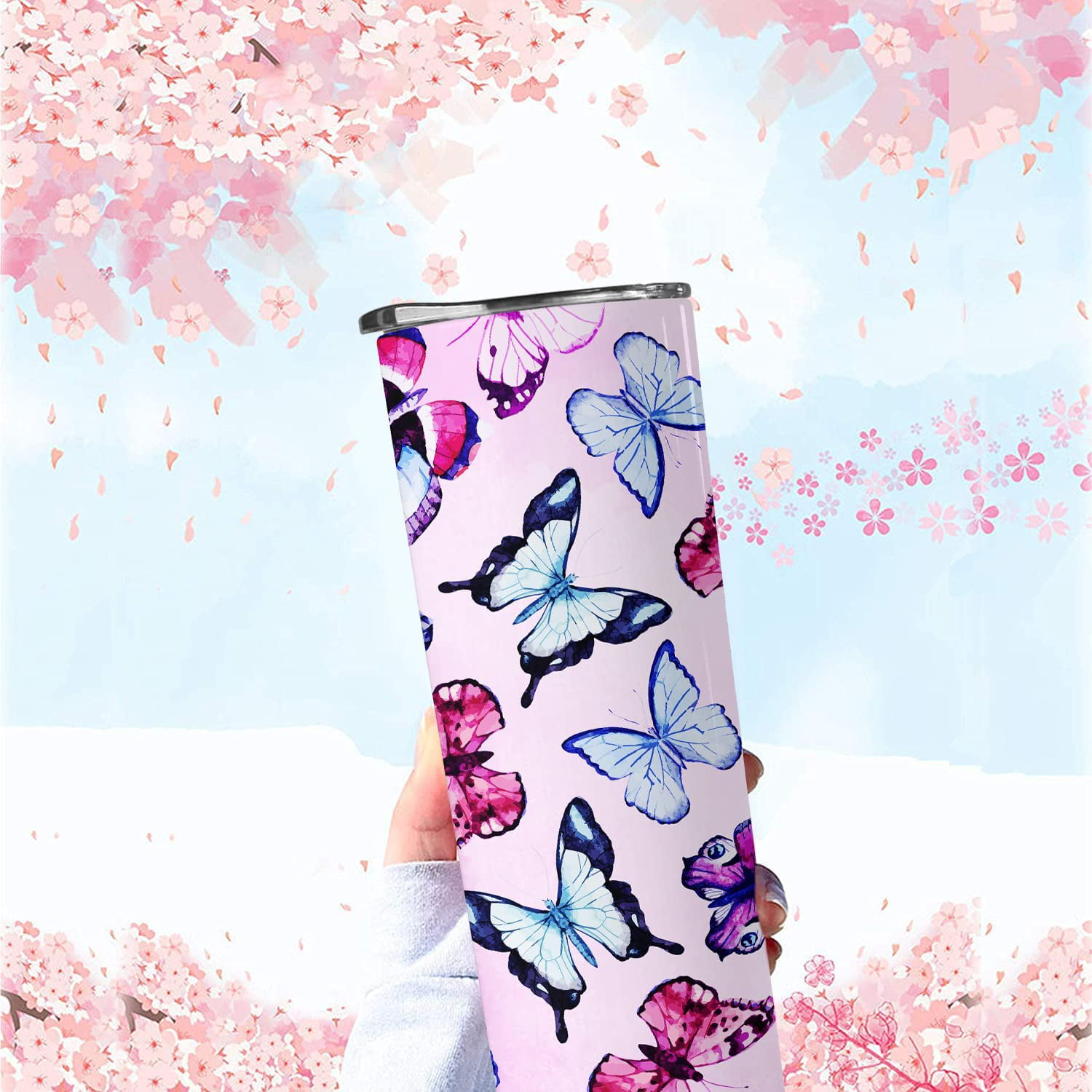 Butterflies 20oz Skinny tumbler with straw Printed With Permanent Ink. Add  name