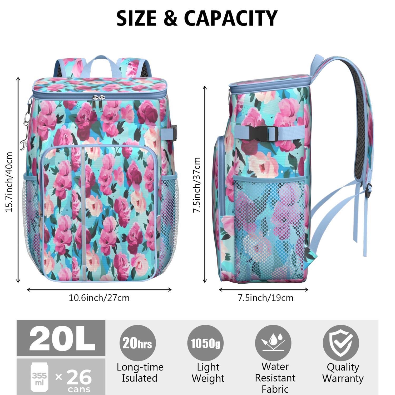 Travel Cooler Bag - Pioneer Flower Floral Print Pattern Camping Beer Cooler Backpack with Bottle Opener- Waterproof Insulated Picnic Backpacks - Cooler Bag for Beach