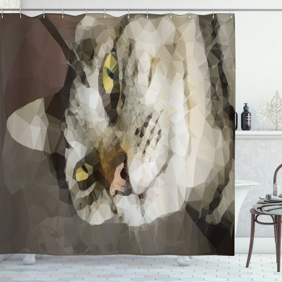 Polygons Shower Curtain, Geometric Low Poly Design Funny Cat Mosaic Portrait in Dusty Tones, Fabric Bathroom Set with Hooks, 69W X 70L Inches, Grey Yellow and Multicolor, by Ambesonne