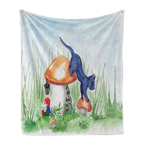 Animal Soft Flannel Fleece Blanket, Little Cartoon Cat Black in a Mushroom Garden with Leaves and Flowers Artwork Print, Cozy Plush for Indoor and Outdoor Use, 70" x 90", Multicolor, by Ambesonne