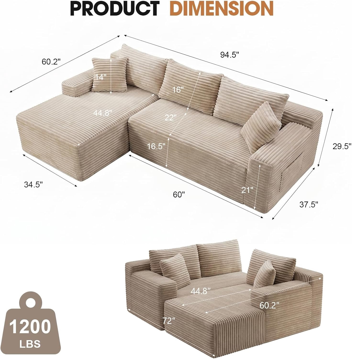 MOONMISS L-Shaped Cloud Sectional Couch with Chaise,Modern Corduroy Upholstered Modular Boneless Sofa,No Assembly for Living Room Apartment(Camel,Left)