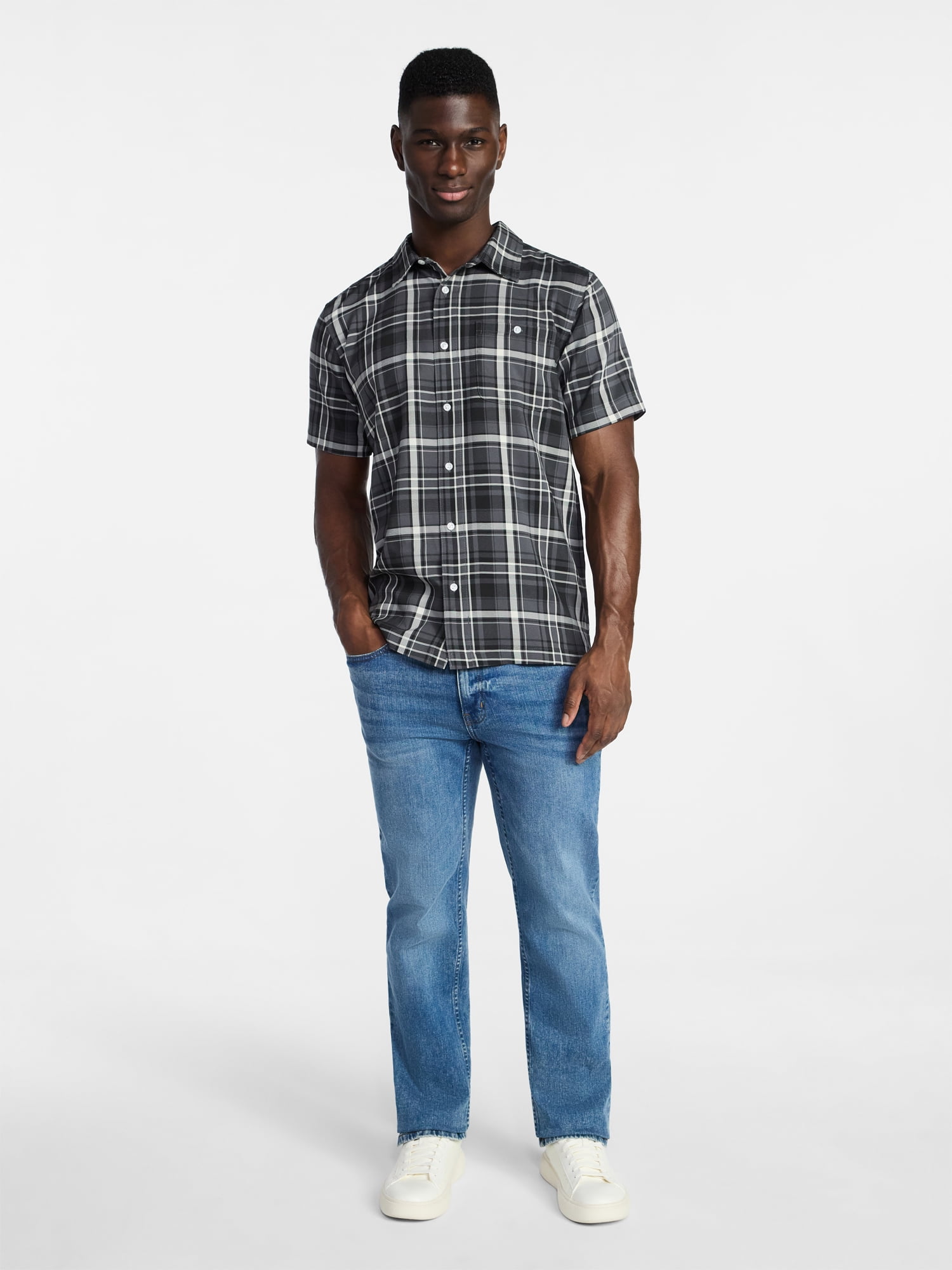 George Men's & Big Men's Regular Fit Microfiber Button-Up Shirt with Short Sleeves, Sizes XS-5XL