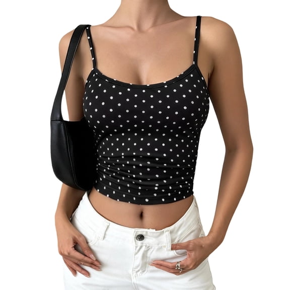 Women'S Cute Cropped Tank Tops Summer Polka Dots Y2K Going Out Basic Sleeveless Camisole Shirts Black XL