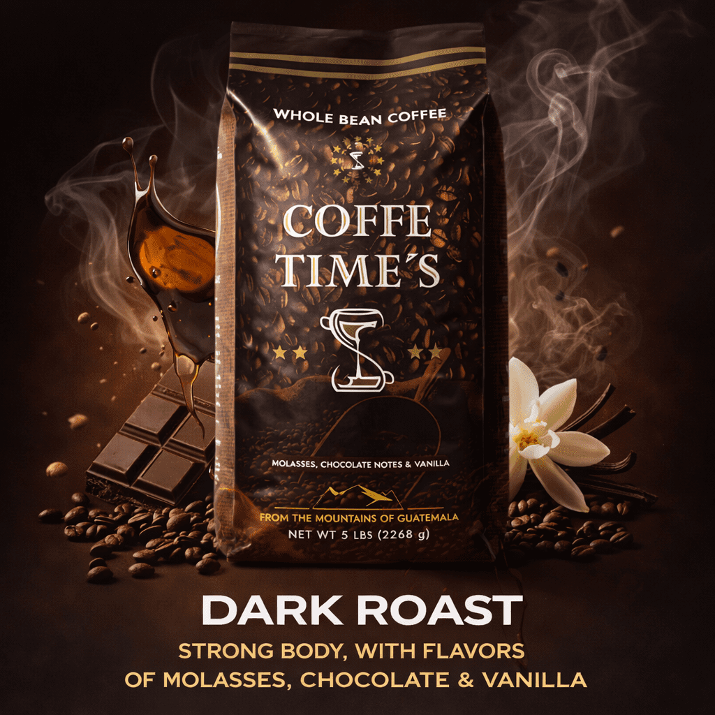 Coffe Times, Whole Bean Coffee Packets, Dark Roast - Strong Body, Coffee with Flavor notes of Molasses, Chocolate and Vanilla, (5 lb bags, Pack of 4 units)