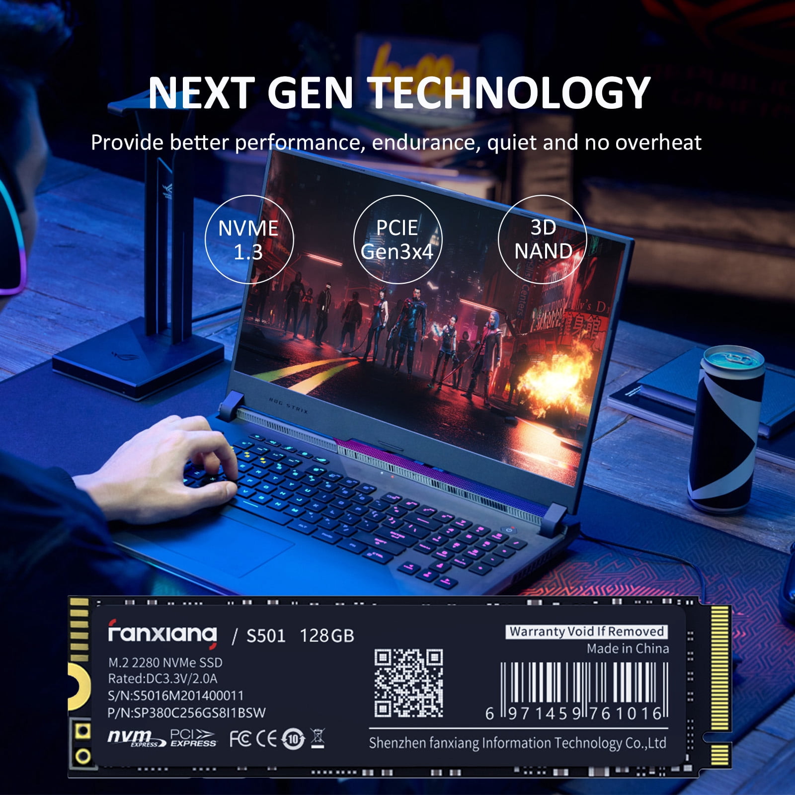 Fanxiang S501 128GB M.2 2280 PCIe Gen3 x4 NVMe SSD, 3D NAND Internal Solid State Drive Up to 1100MB/s for Laptop Desktop