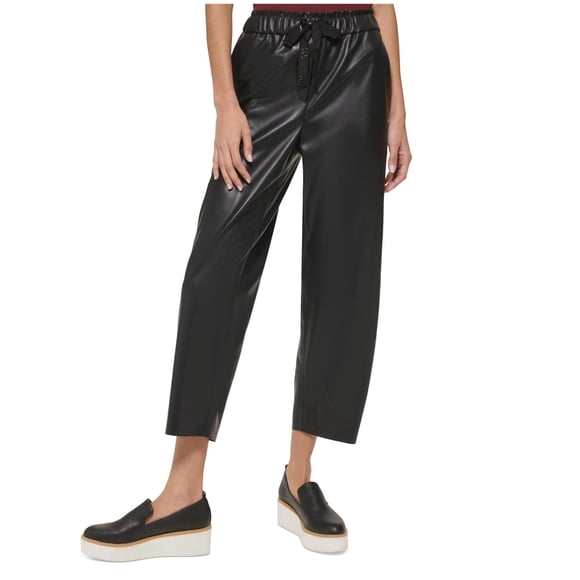 DKNY Womens Faux Leather Casual Cropped Pants, black, XL