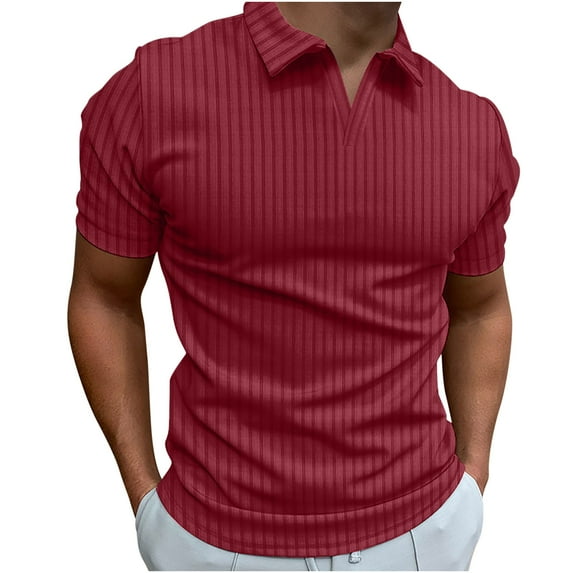 YYDGH Men's Muscle V Neck Polo Shirts Slim Fit Short Sleeve Cotton Golf T-Shirts Ribbed Knit Soft Tees Red XL