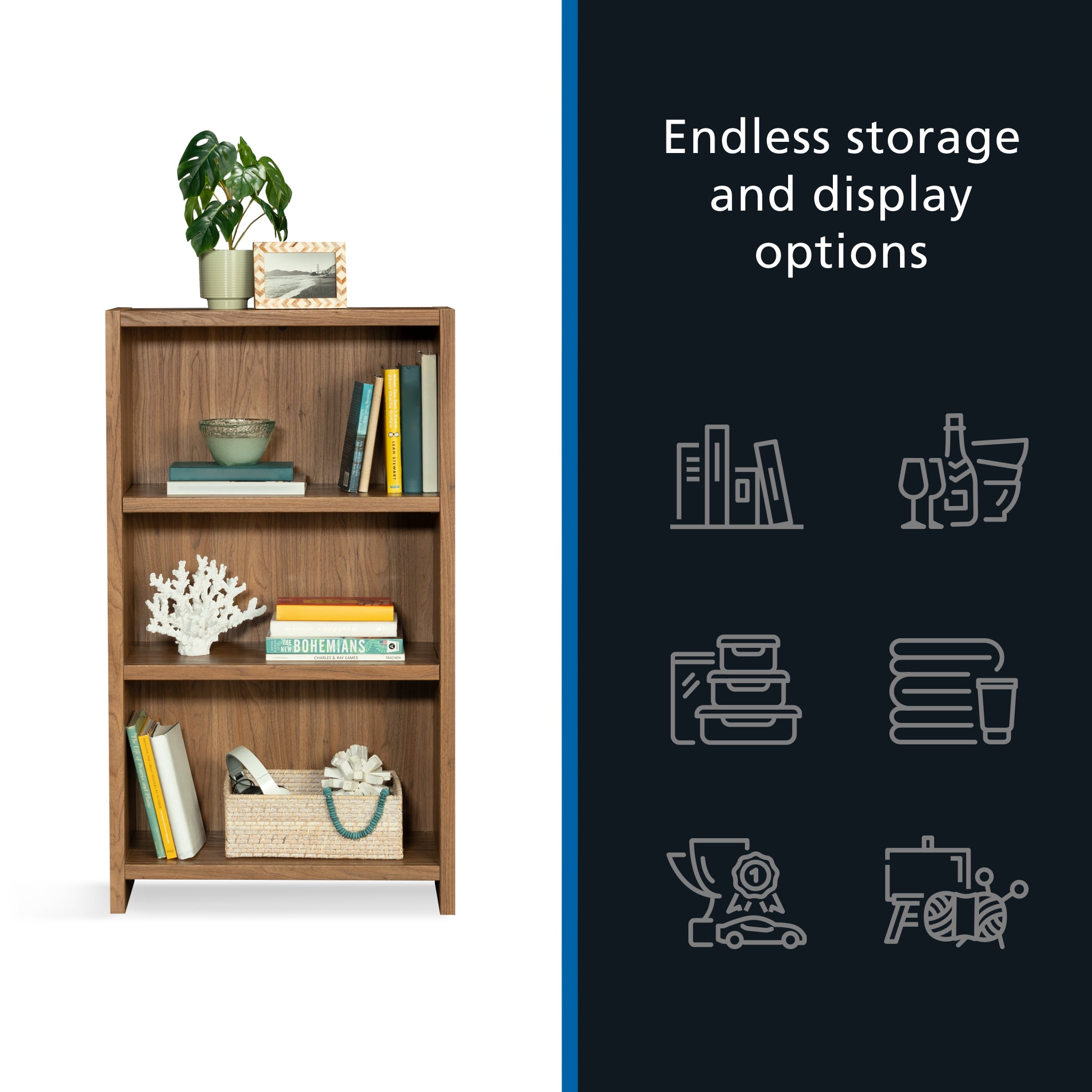 Mainstays Westley 3 Shelf Bookcase, Warm Walnut Finish