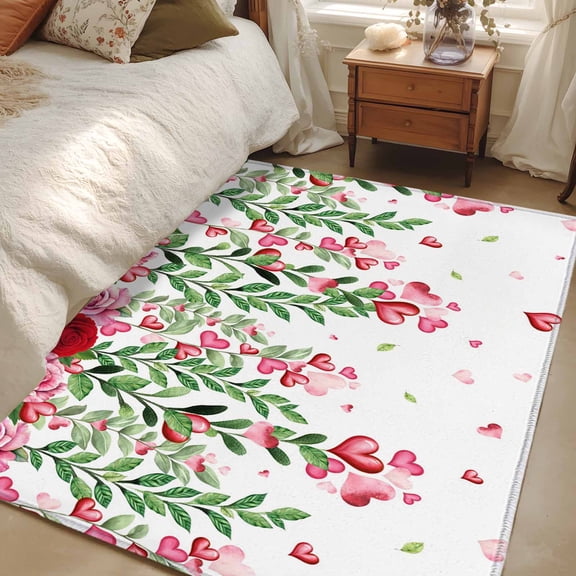 Area Rug for Living Room, Valentine's Day Non-Slip Indoor Large Carpet for Bedroom/Dining Room, Pink Red Roses Love Heart Eucalyptus Leaves Washable Low-Profile Floor Mat Runner Rugs - 3 x 5 Ft