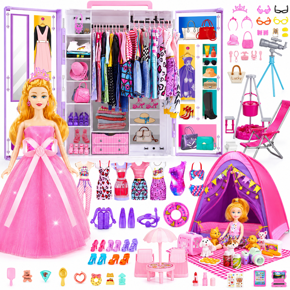 LXUNLN 160PCS Doll Closet Playset with Doll Clothes & Accessories, Fashion Doll Wardrobe, Camping Tent, Doll Furniture, Fits Most 11.5 Inch Dolls, Pretend Play Gift for Girls Ages 3