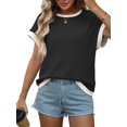thumbnail image 3 of Women Summer Cap Sleeve Knit Tops Casual Crew Neck Color Block Trendy Tank Top Black & Gray L, 3 of 9