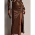 thumbnail image 4 of Women High Waisted Leather Front Thigh Slit Wrap Midi Skirt Long Pencil Bodycon Brown L, 4 of 6