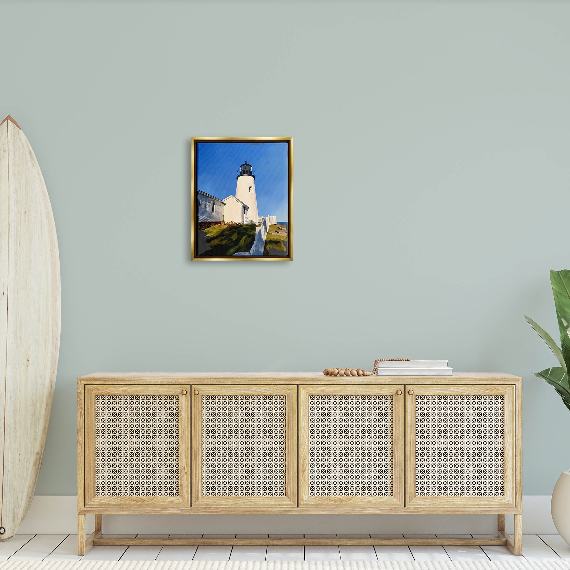 Lighthouse Ocean Beach View Coastal Graphic Art Metallic Gold Framed Art Print Wall Art