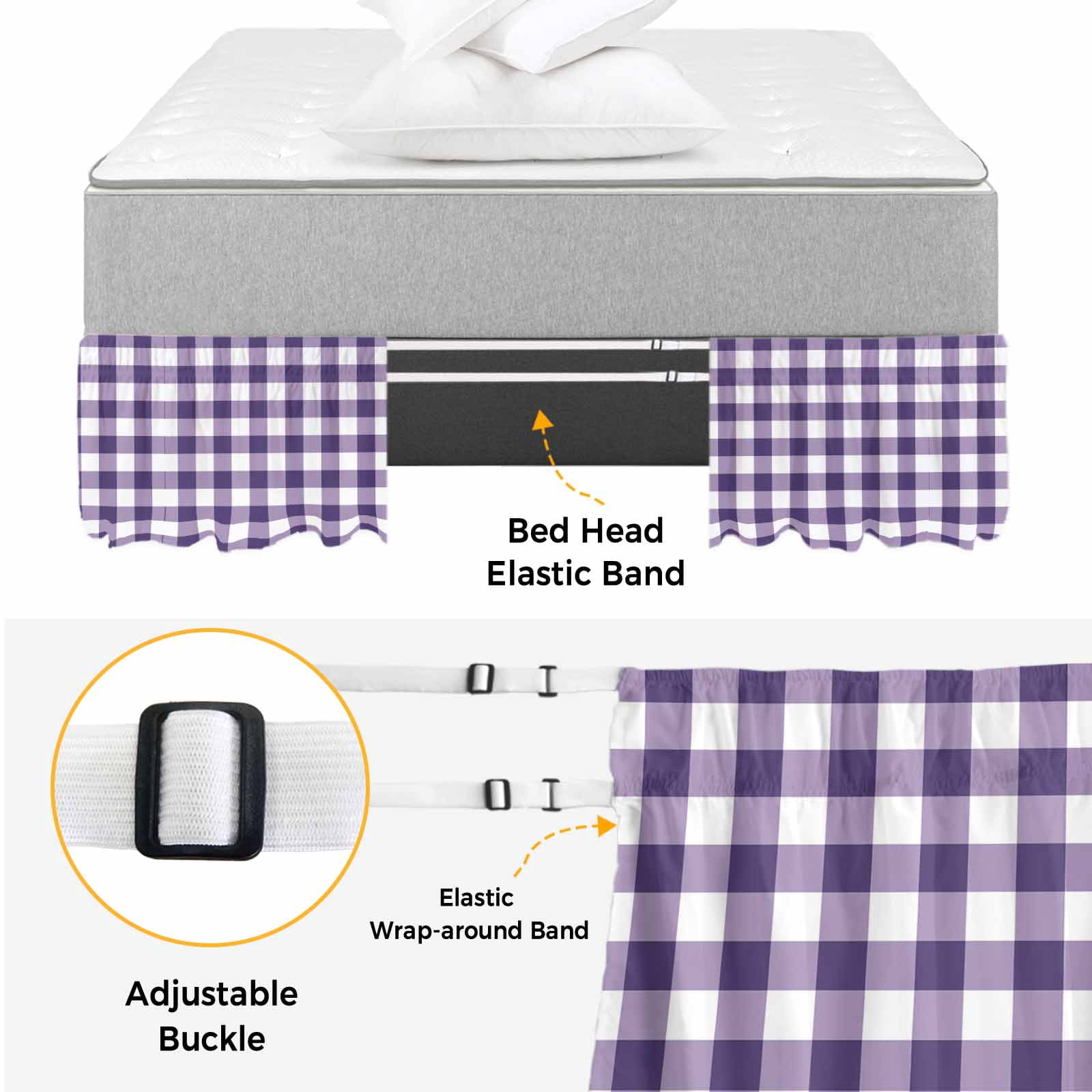 Purple Checkered Bed Skirt Queen Size, Farmhouse Buffalo Plaid Wrap Around Bed Skirting with Adjustable Elastic Strap, Dust Ruffle Pleated Bedskirts 18 Inch Drop for Bedroom Queen Beds