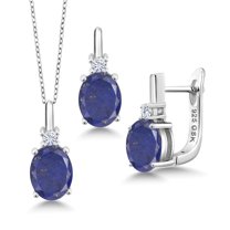 Gem Stone King 6.20 Ct Blue Lapis E-F Lab Grown Diamond 925 Sterling Silver Pendant and Earrings Jewelry Set