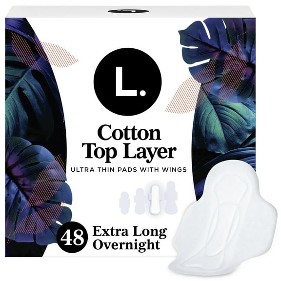 L. Ultra Thin Pads for Women, Organic Cotton Top Layer, Overnight Absorbency, Menstrual Pads with Wings, 48 Count