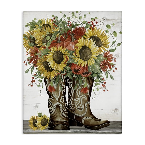 Stupell Industries Sunflowers in Western Boots Plants & Flowers Painting Wrapped Canvas Art Print Wall Art, 16 x 20