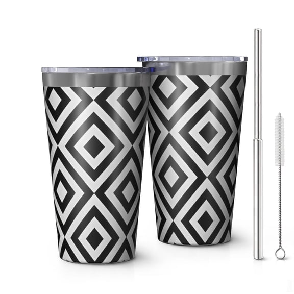 16oz Tumblers Black White Checkerboard Checkered Pattern Stainless Steel Vacuum Insulated Double Wall Travel Tumbler Cups Mug with Lid and Straw,Cleaning Brush for Coffee,Tea