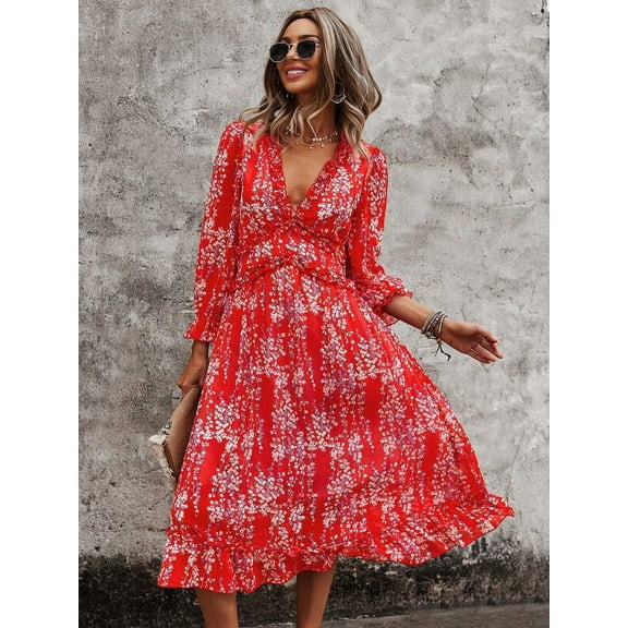 allbrand365 Womens Ditsy Floral Deep V-Neck Ruffle Hem Dress