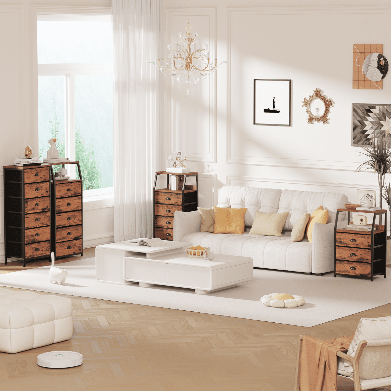 Satifur 5-Drawer Nightstand,Tall Fabric Dresser Storage End
