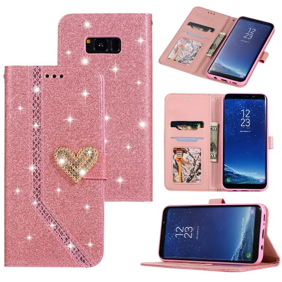 Galaxy S8 Case, Allytech Glitter PU Leather Magnetic Closure Stand Folio Drop Protection Bumper Soft TPU Back Cover Cards Money Holder Wallet Case for Samsung Galaxy S8 Case, Pink
