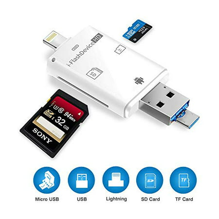 epacks iOS Card Reader External Dual Storage iFlash Device for Lightning to USB Micro SD SDHC TF OTG Card Reader Memory Expanding Compatible with iPhone/iPad/iPod Touch/Mac/PC/Androids (White)