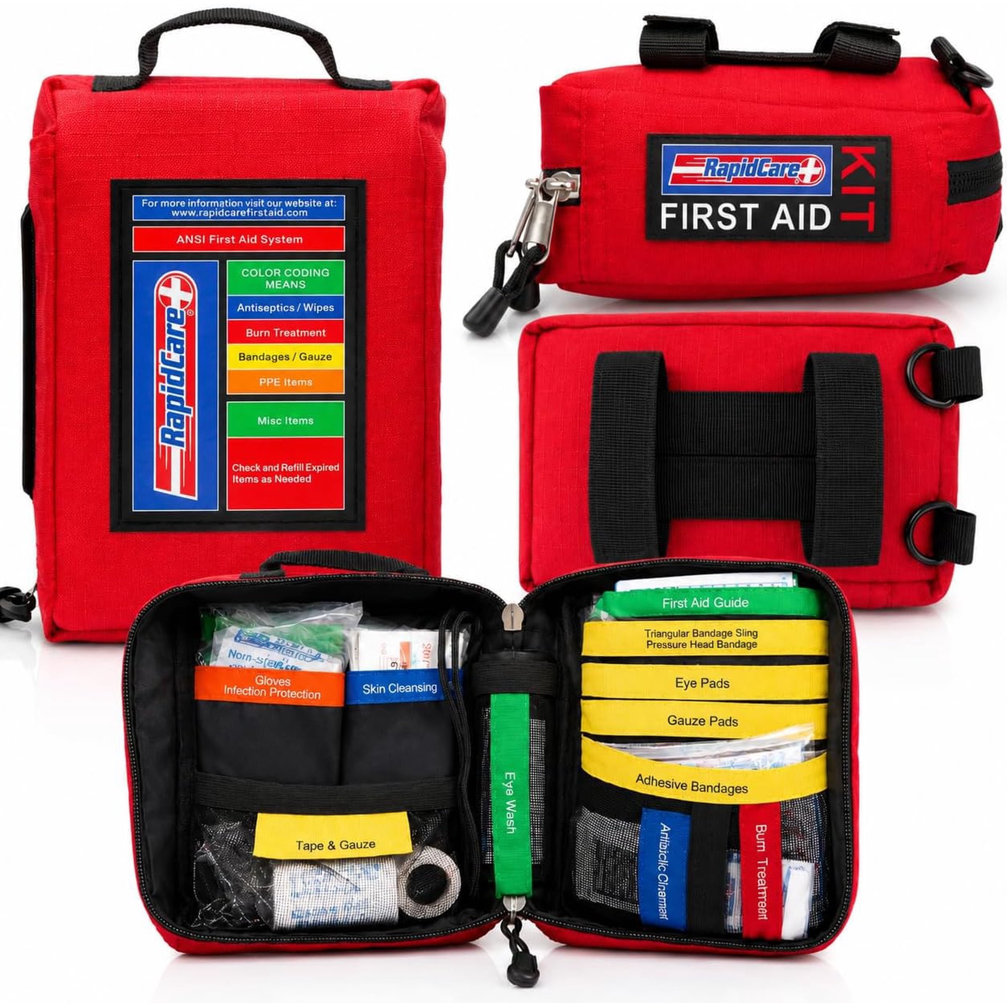 Rapid Care 164 Piece Outdoor Adventure First Aid Kit | ANSI & OSHA Compliant Emergency Medical Kit with Color Coded Supplies for Camping, Hiking, Travel, Car & Survival Gear