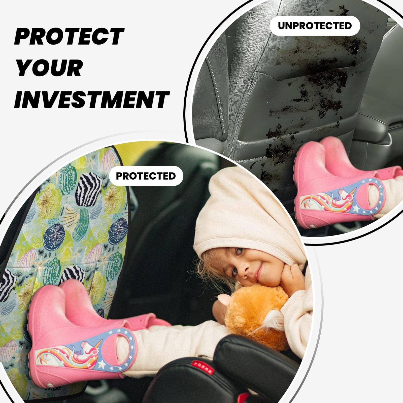 Xecao Shell Clam Pattern Car Seat Back Protector 2 Pack Large Capacity Pocket, Kick Mats Back Seat Protector