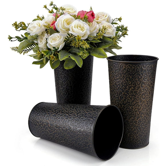 CPDD 3 Pack 9 Inch Metal Vase with 4 Pack Artificial Flowers ,Set of 3 - Rustic Decorative Flower Bucket Pots for Wedding Table Centerpiece Decorations, Home Decor (9 inch, Brown) Brown 9 inch