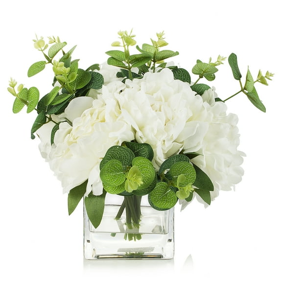Enova Home Mixed Artificial Silk Peony Flower and Eucalyptus in Cube Glass Vase, Fake Floral Arrangement in Vase with Faux Water (Cream)
