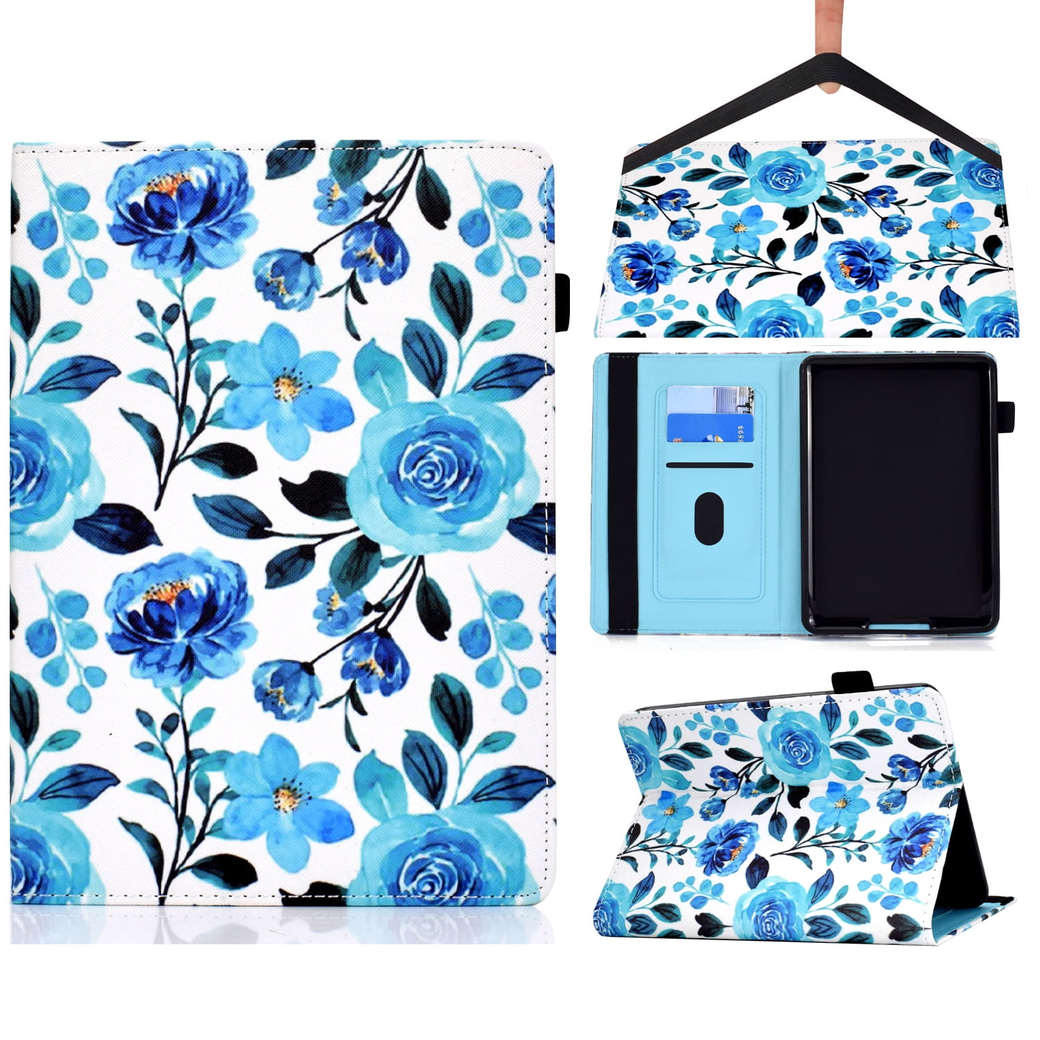 Cute Case for 2021 All-New Kindle Paperwhite E-reader (6.8 Inch 11th generation) - Folio Flip Magnetic Cover with Card Holders Slim Lightweight PU Leather/Silicone Composite Case (Blue Rose)