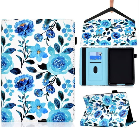 Cute Case for 2021 All-New Kindle Paperwhite E-reader (6.8 Inch, 11th generation) - Folio Flip Magnetic Cover with Card Holders, Slim Lightweight PU Leather/Silicone Composite Case (Blue Rose)