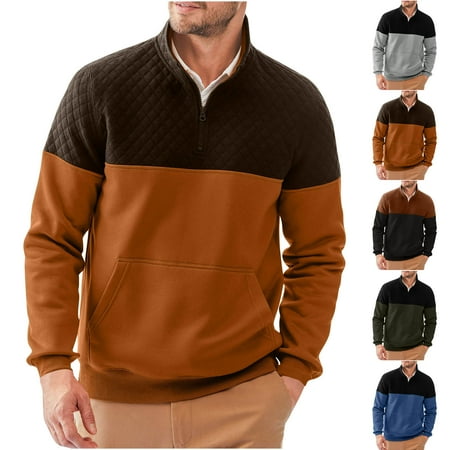 guisaled Men s Mock Neck Sweatshirts Quarter Zip Quilted Pullover Tops Color Block Long Sleeve Casual No Hood Sweatshirt with Pockets Savings