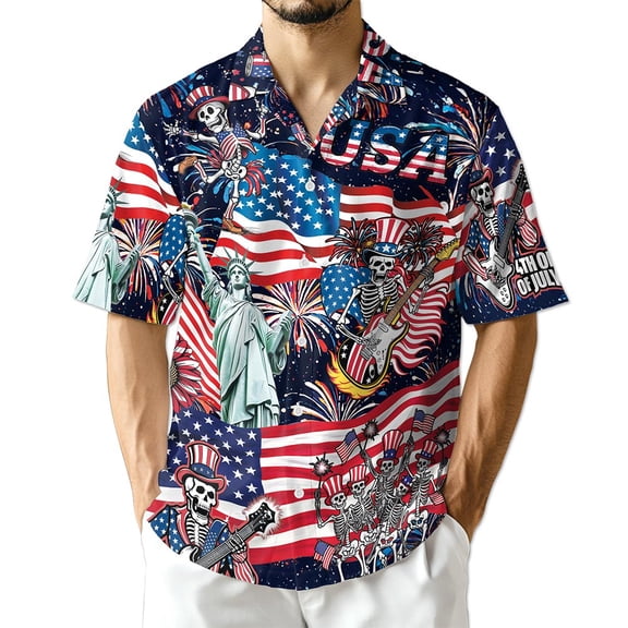 Netecom 4th of July Skeleton Hawaiian Shirt for Men, Button Down Summer Beach Short Sleeve, S-5XL