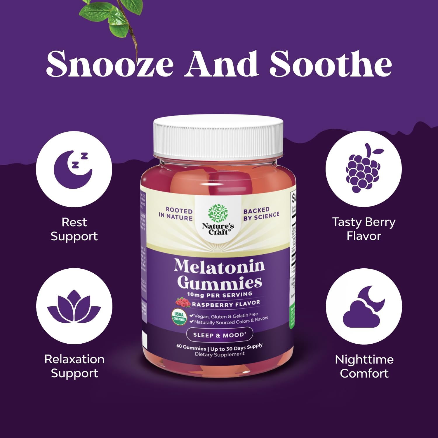 Natures Craft Organic Melatonin Gummies, 10mg Sleep Aid Supplement for Better Sleep, 120 Capsules