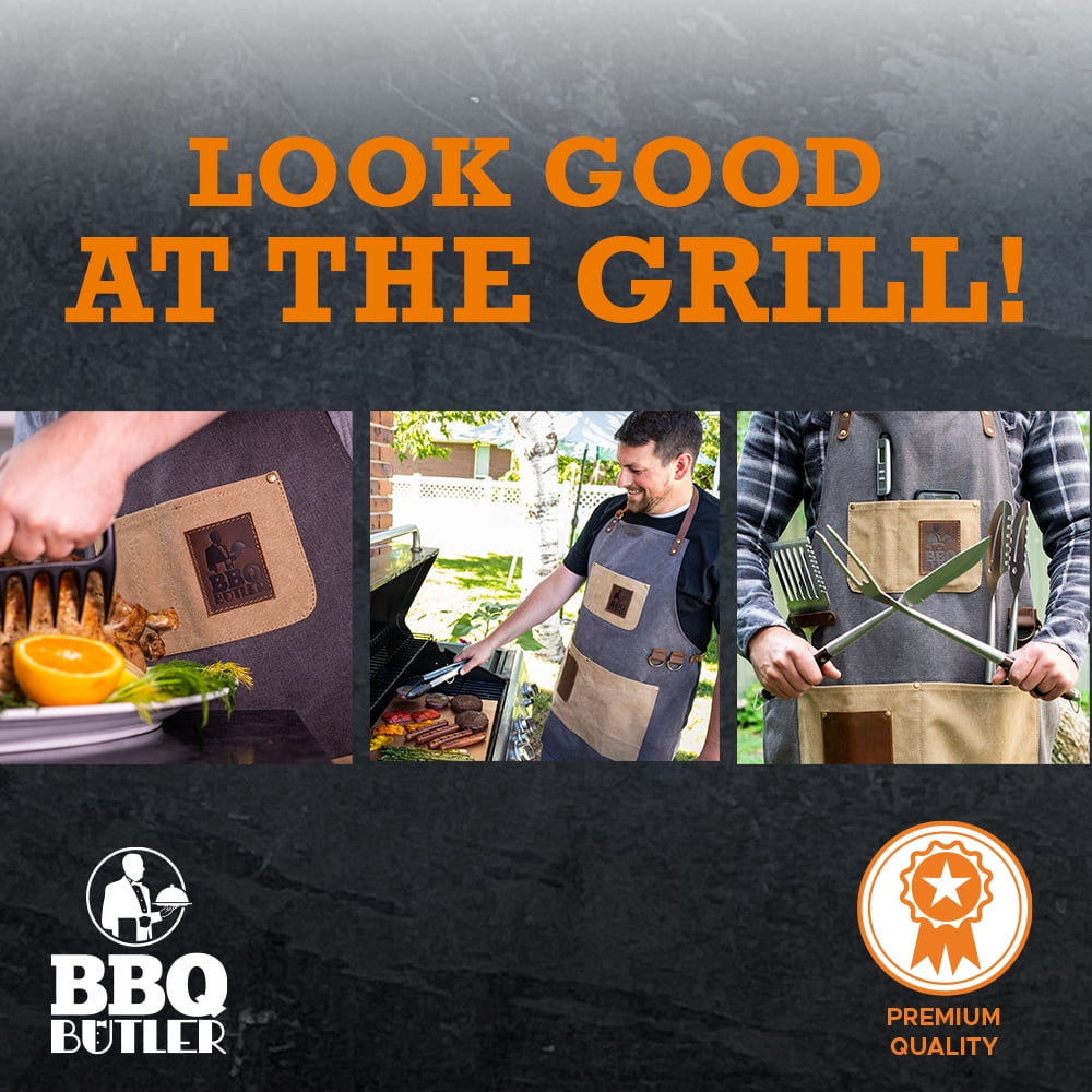 BBQ Butler Grilling Apron - Premium Grill Canvas Apron - Deluxe Leather
