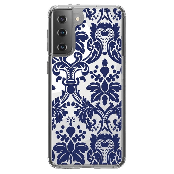 DistinctInk Clear Shockproof Hybrid Case for Galaxy S21 5G (6.2" Screen) - TPU Bumper, Acrylic Back, Tempered Glass Screen Protector - Blue Grey Damask