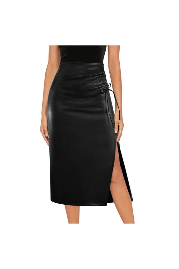 Womens Faux PVC PU Leather Skirt High Waist Side Split Bodycon Wrap Pencil Skirt Hip Midi Long Skirt Party Clubwear